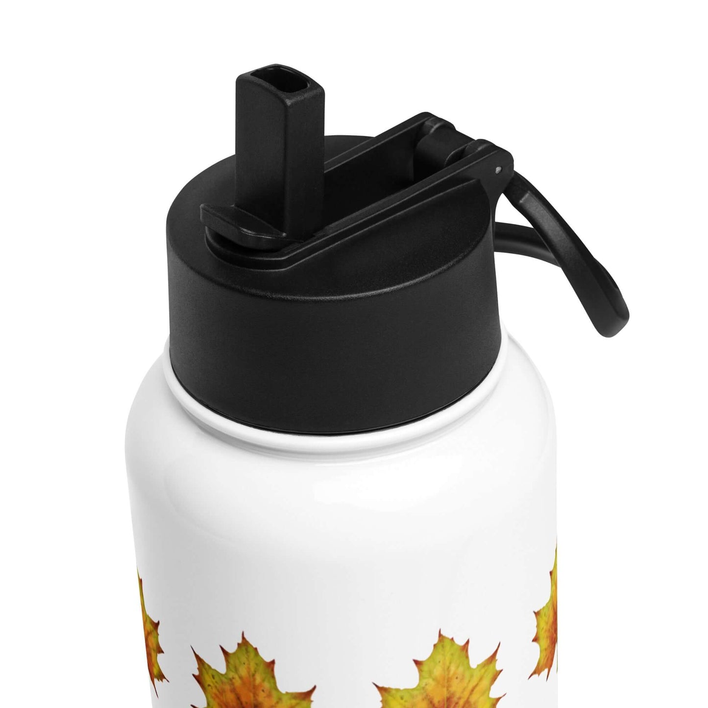 Rustic maple leaf stainless steel tumbler top with a black lid, perfect for stylish hydration on the go.