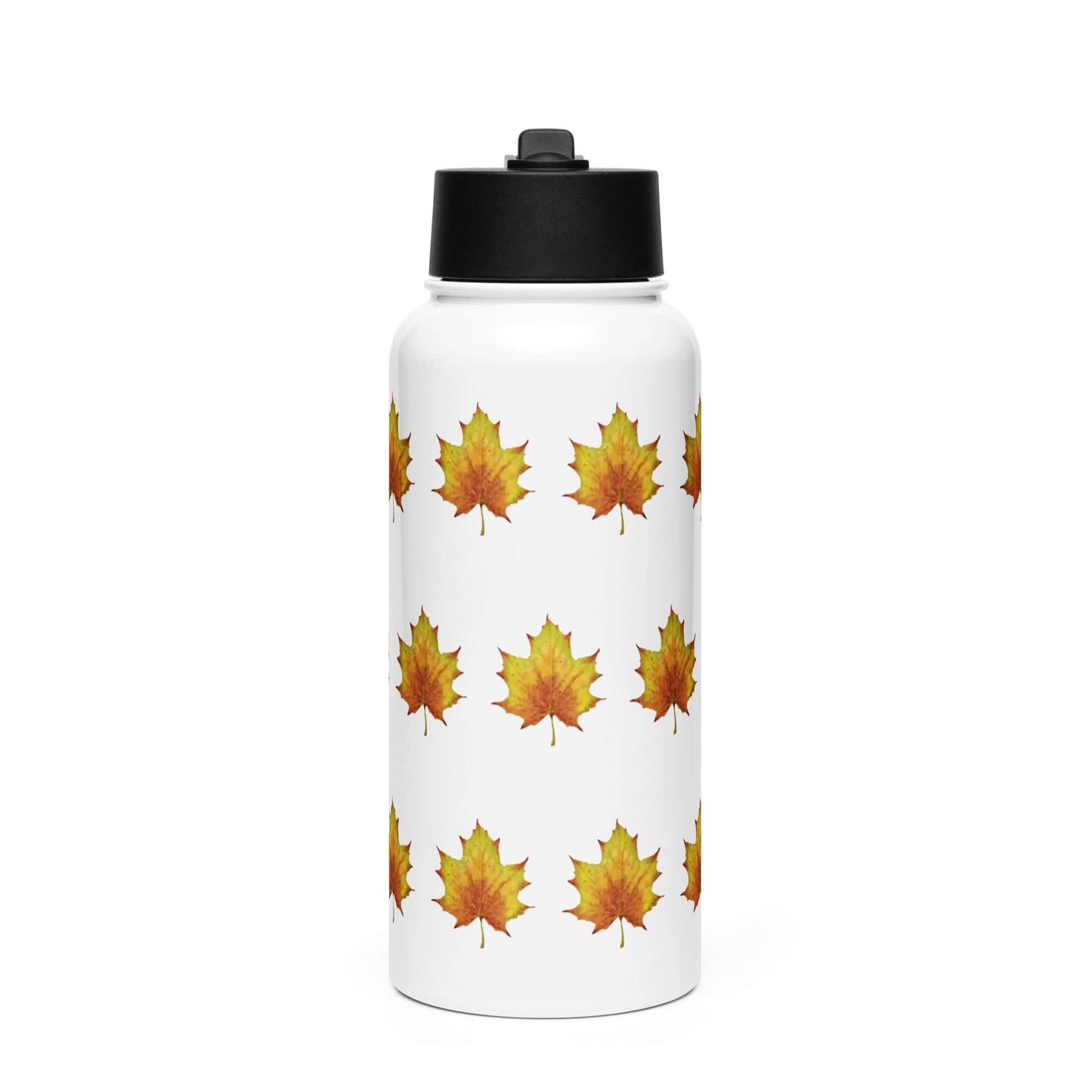 Rustic stainless steel water bottle featuring a pattern of colorful maple leaves, perfect for gifting and outdoor activities.