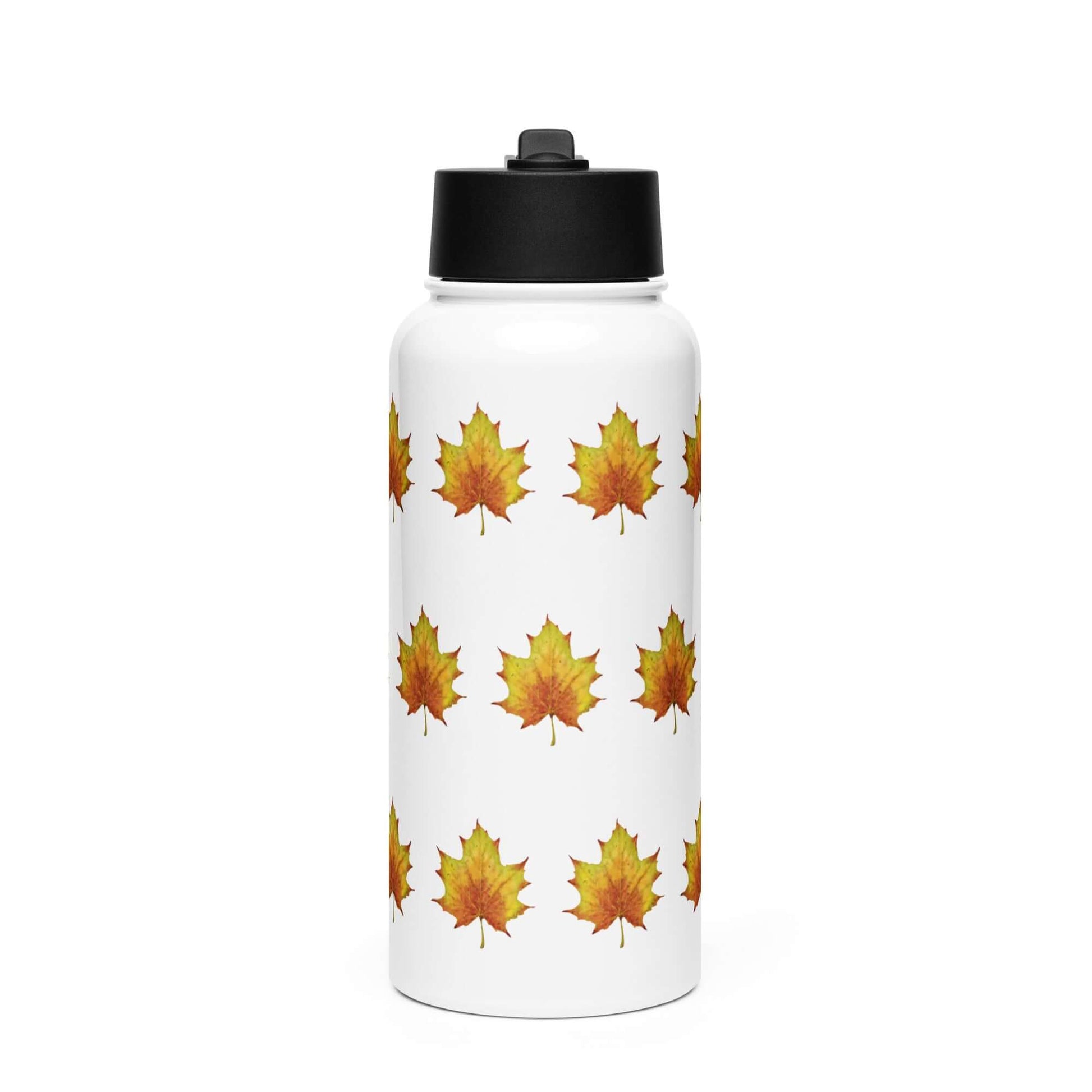 Rustic stainless steel water bottle featuring a pattern of colorful maple leaves, perfect for gifting and outdoor activities.