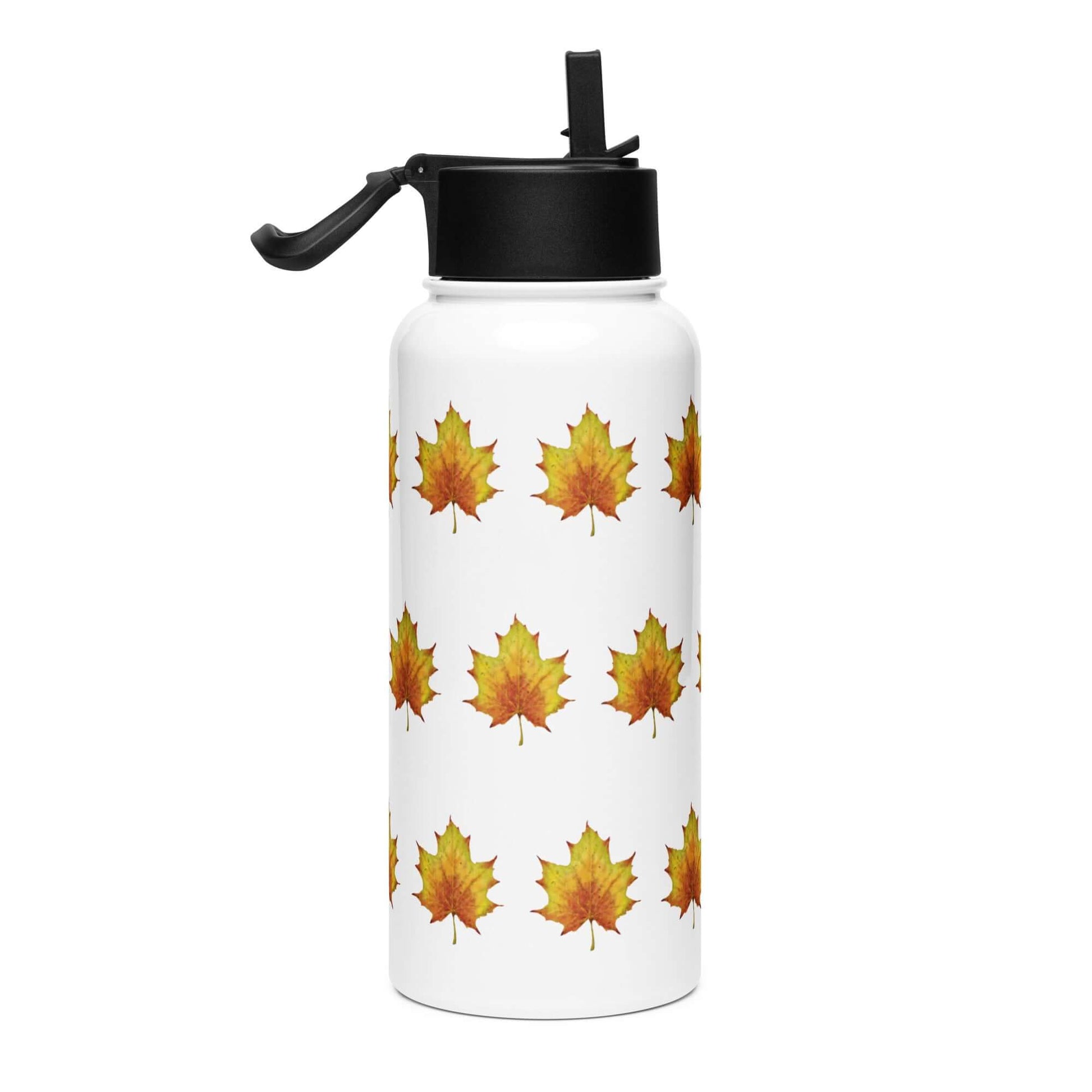 White stainless steel water bottle featuring vibrant maple leaf design, perfect for hydration on the go.