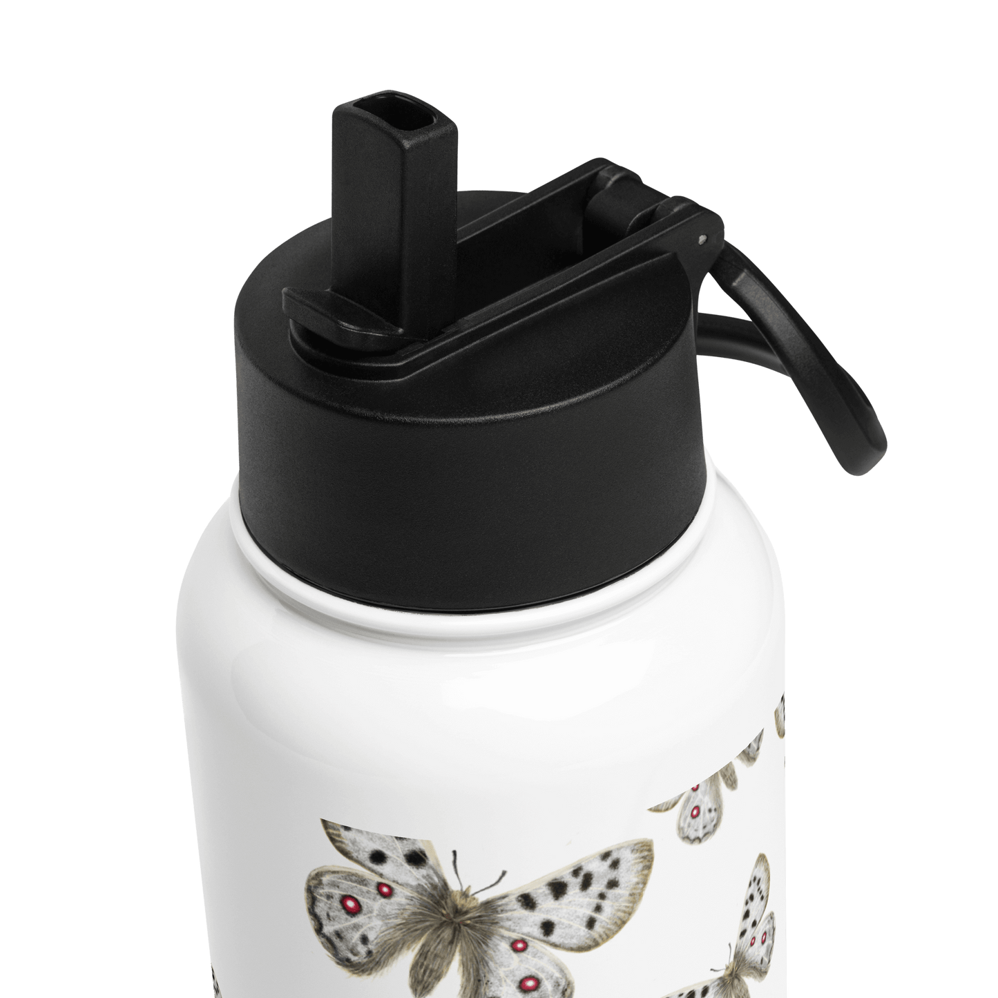 Close-up of the Apollo stainless water bottle showcasing butterfly design and black lid, perfect for gifts and travel accessories.