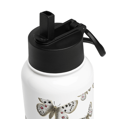 Close-up of the Apollo stainless water bottle showcasing butterfly design and black lid, perfect for gifts and travel accessories.