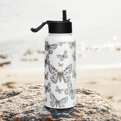 Stainless steel water bottle featuring elegant Apollo butterfly design, perfect for gifts for nature lovers and special occasions.