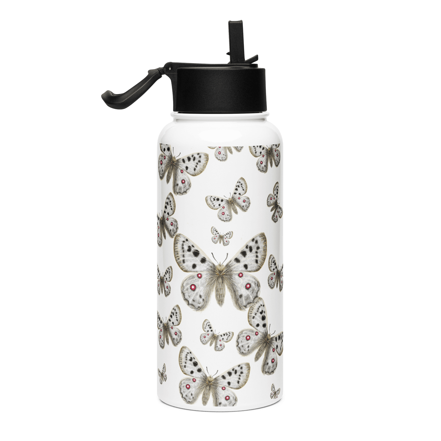 Beautiful Apollo stainless water bottle adorned with elegant butterfly patterns, perfect gift for nature lovers and special occasions.