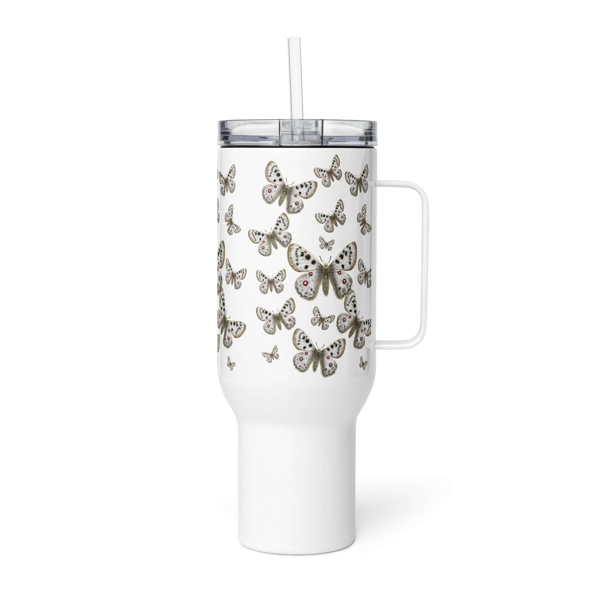 Elegant Apollo Butterfly Design Tumbler with lid and straw, ideal for travel coffee and drinks on the go.