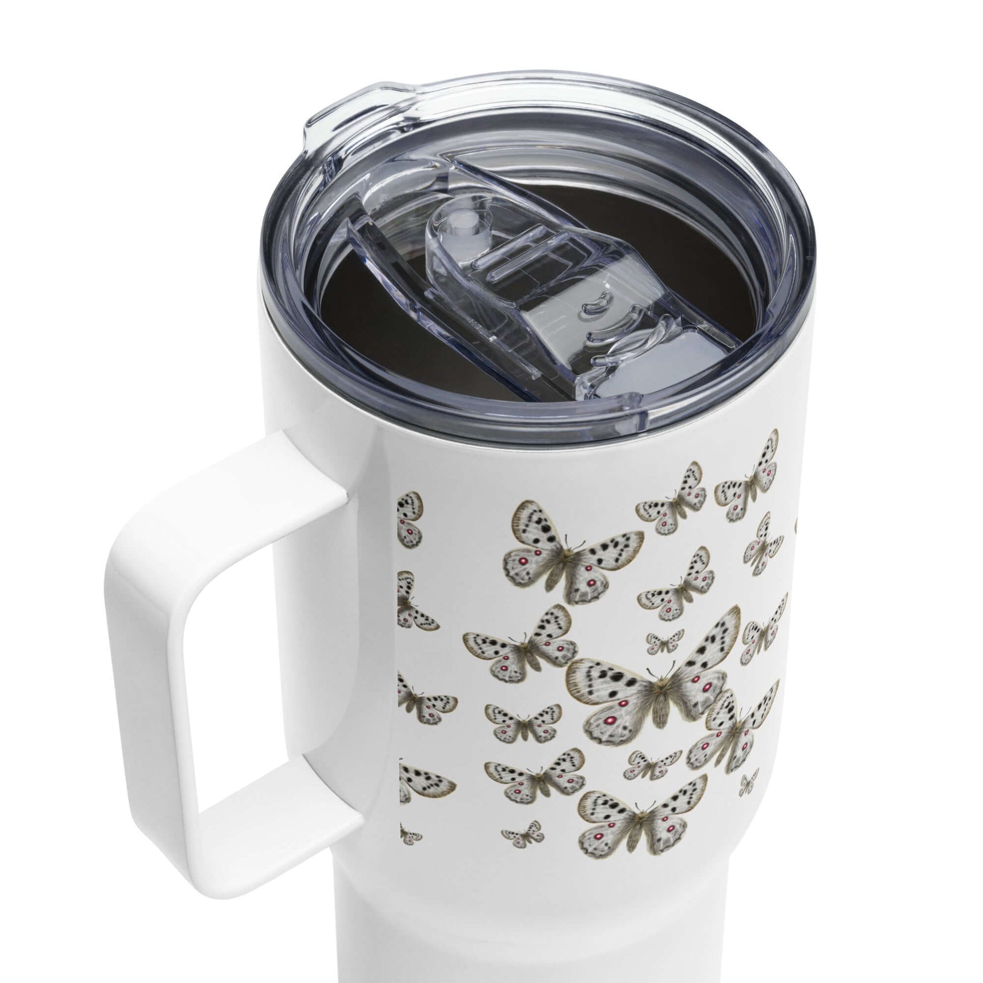 Apollo Butterfly Design Tumbler with lid and handle, perfect for travel, coffee, or stylish hydration.