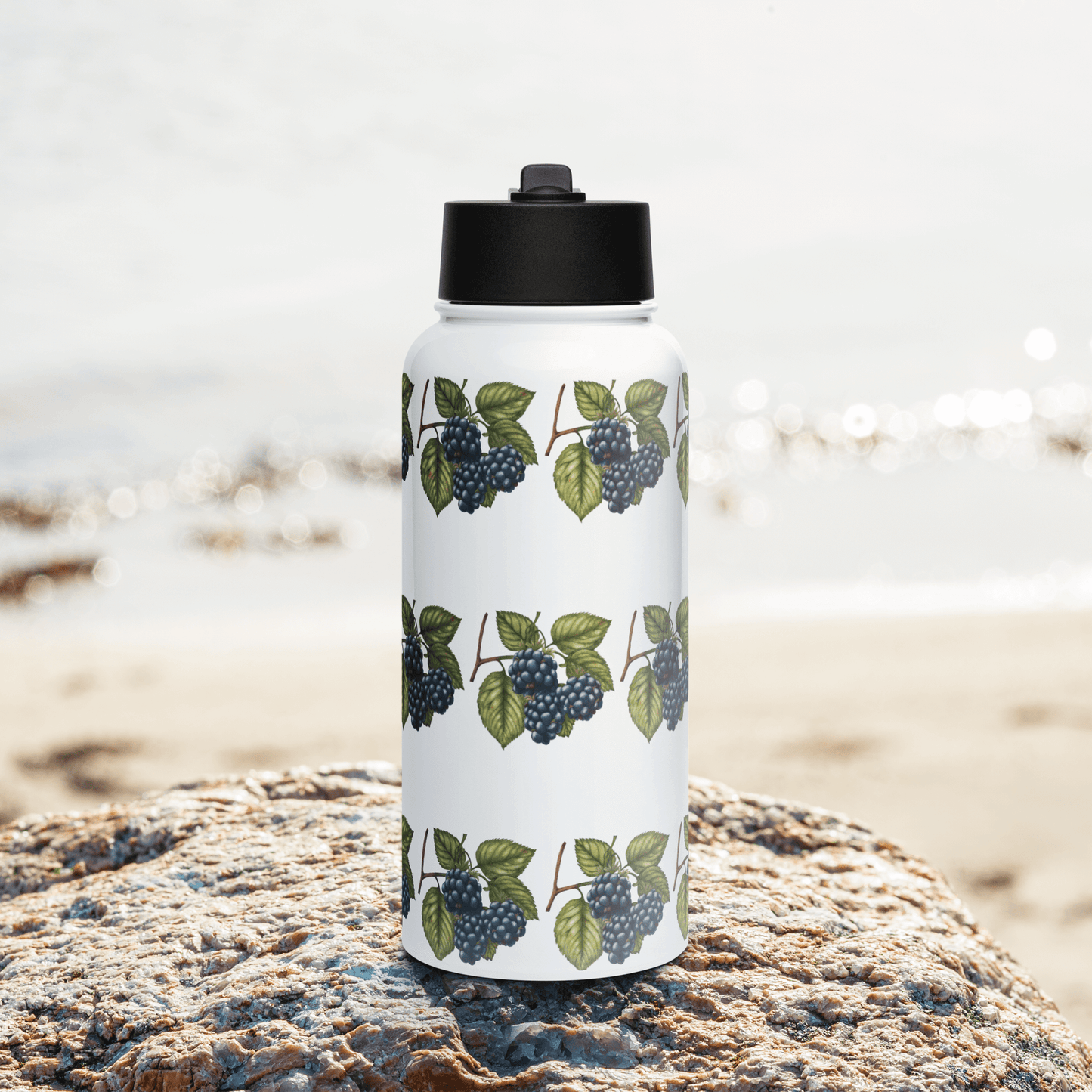 Deep purple blackberry stainless steel water bottle on a rock by the beach, perfect for outdoor hydration.