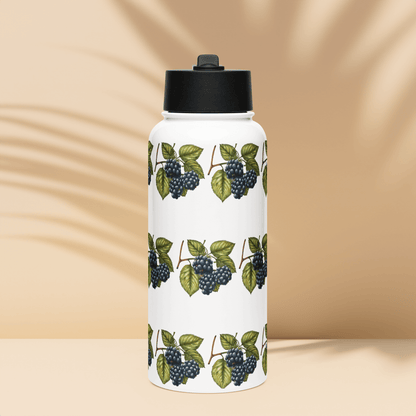 Deep purple blackberry patterned stainless steel water bottle with a black lid, perfect for hydration and nature-inspired gifts.