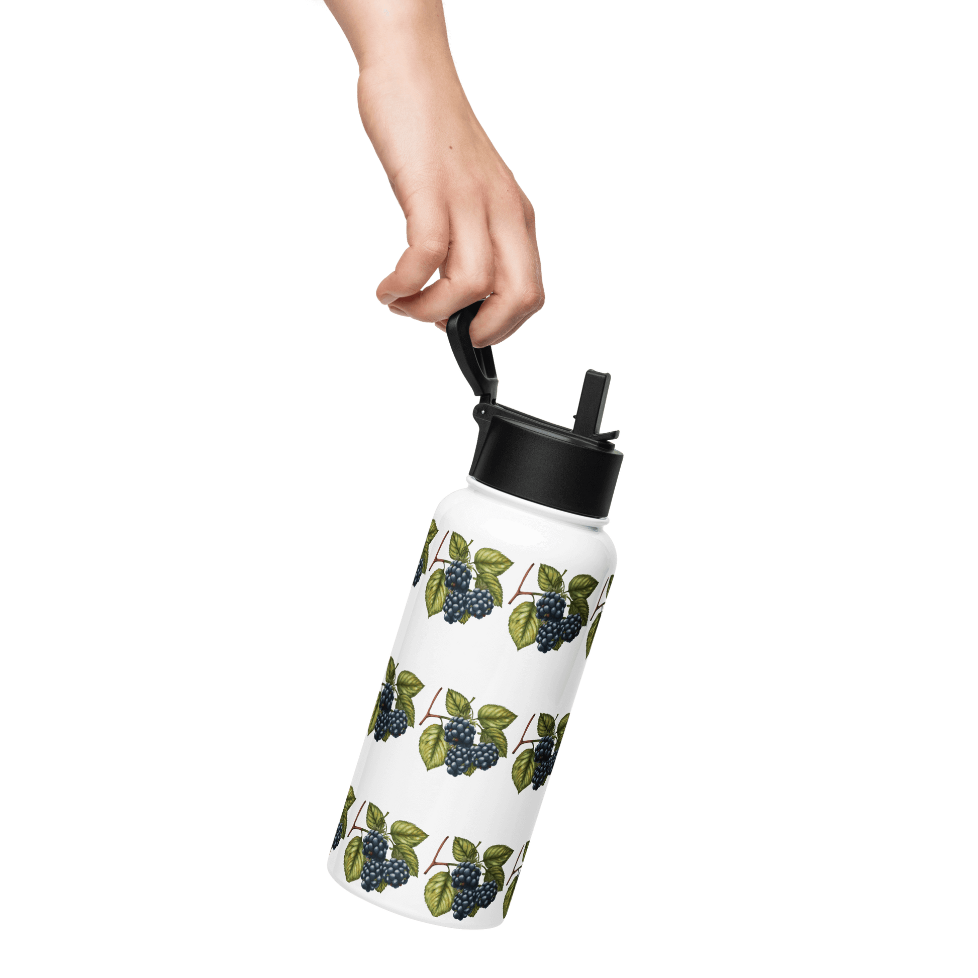 Hand holding a stainless steel water bottle featuring a blackberry design, ideal for gifts and outdoor activities.