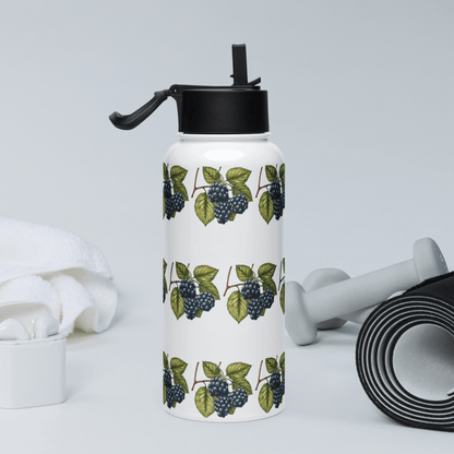 Deep purple blackberry water bottle with gym accessories, ideal for workouts and nature-inspired gifts.