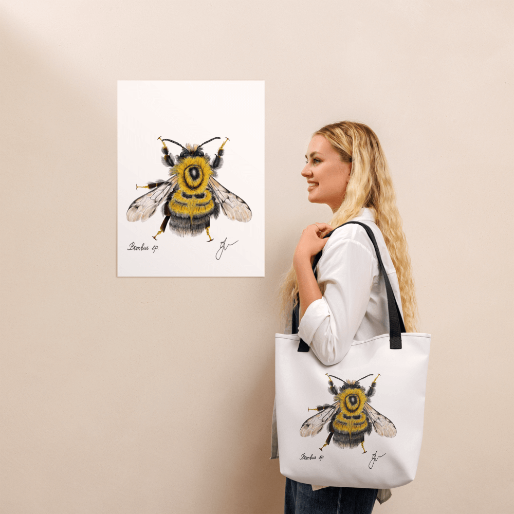 Bumblebee all-over print tote bag with black handles on a blonde lady's shoulder
