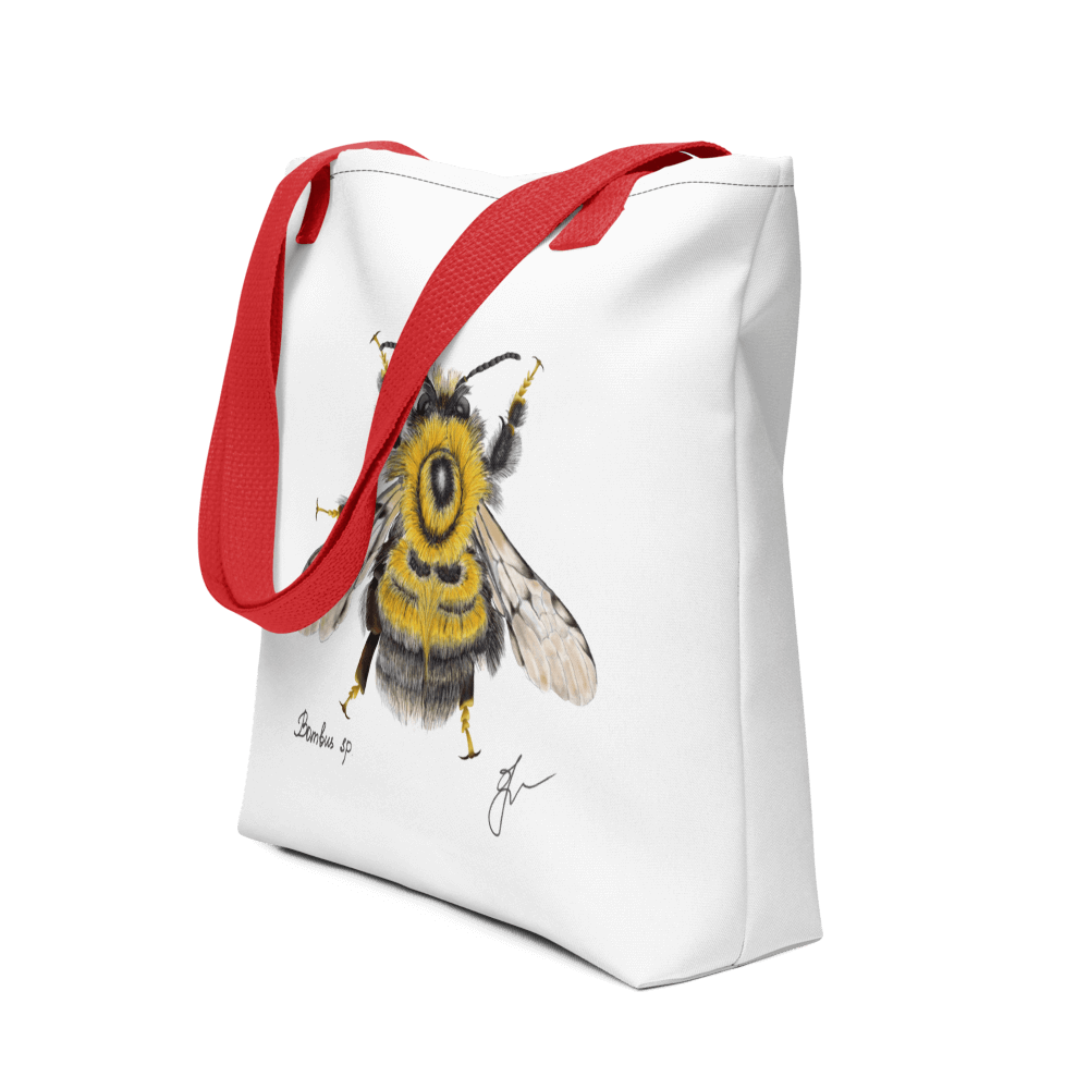 Bumblebee all-over print tote bag with red handles displayed prominently
