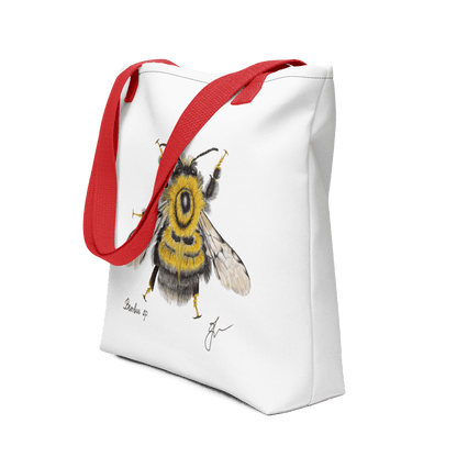 Bumblebee all-over print tote bag with red handles displayed prominently
