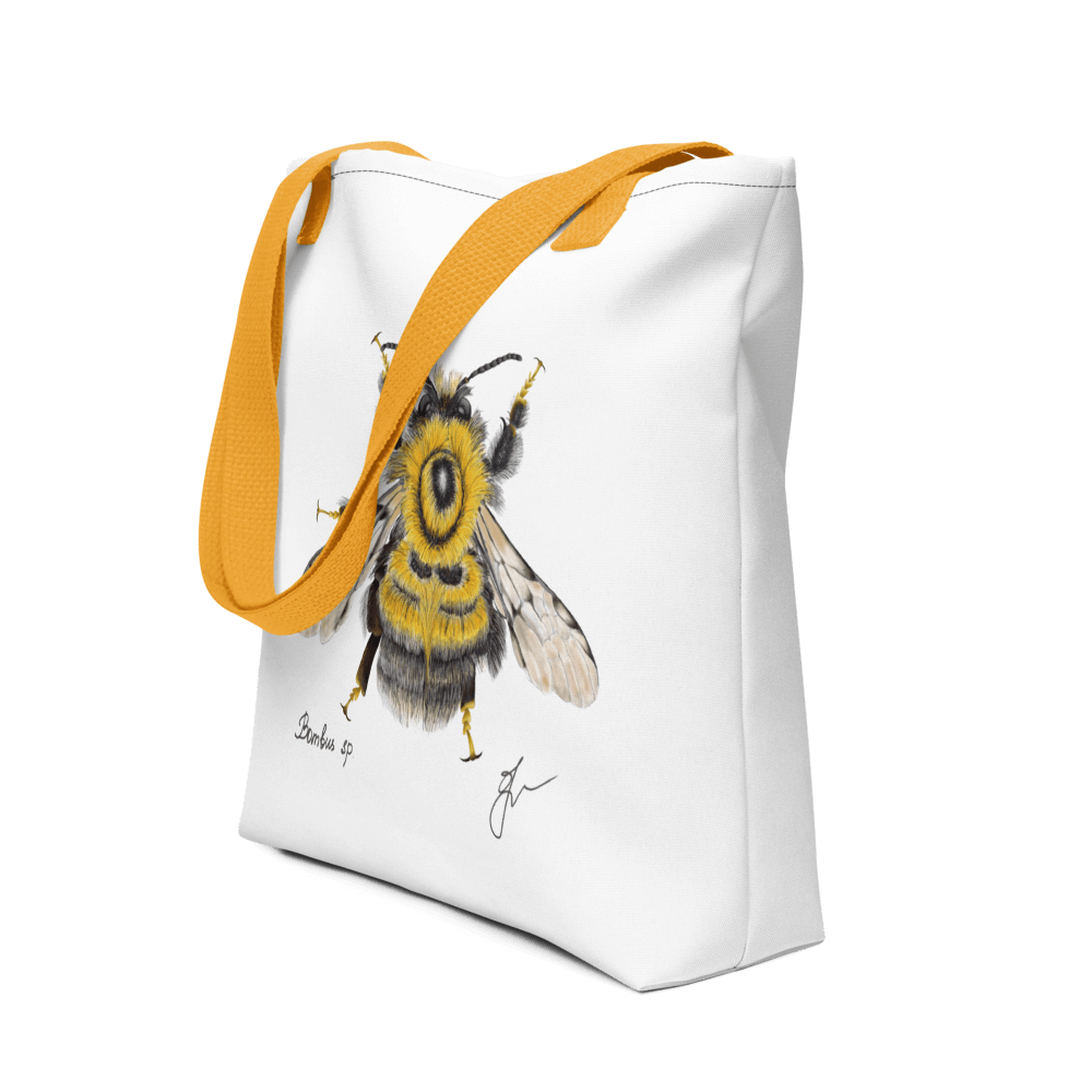 Bumblebee all-over print tote bag - Focusing on the yellow handle
