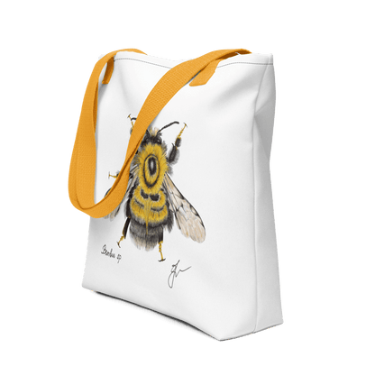 Bumblebee all-over print tote bag - Focusing on the yellow handle
