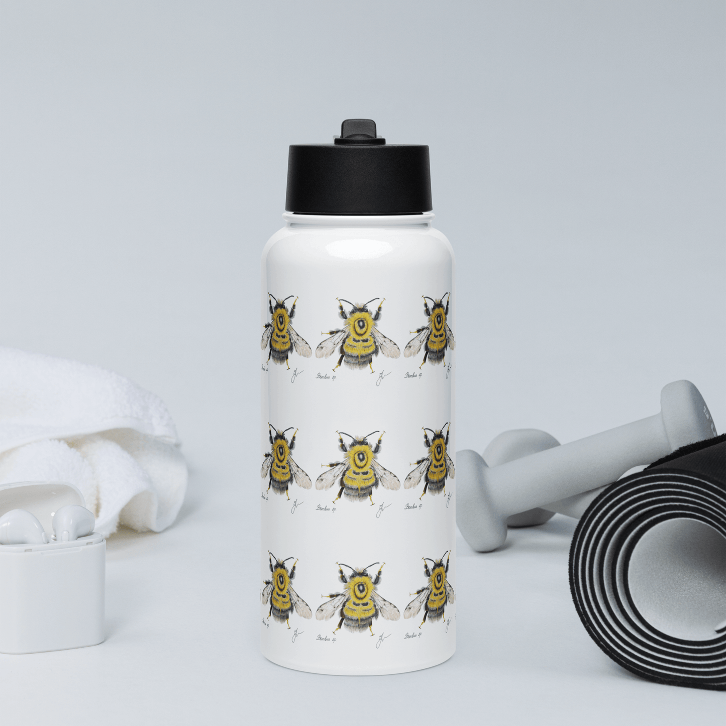 White water bottle featuring playful bumblebee illustrations, perfect for gifting and hydration on the go.