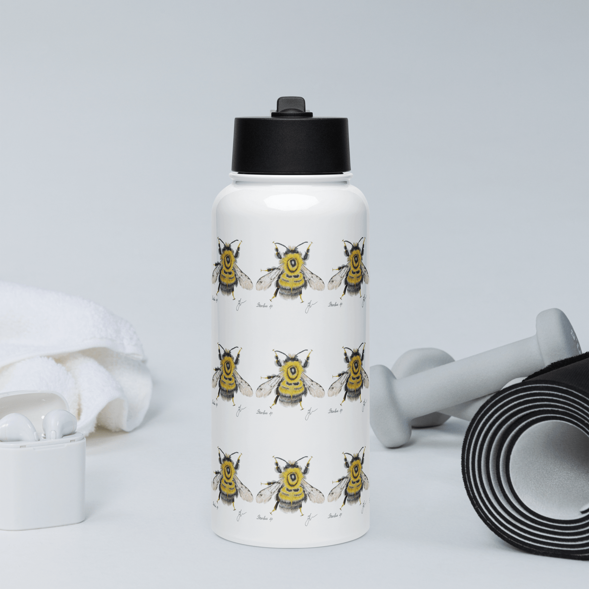 White water bottle featuring playful bumblebee illustrations, perfect for gifting and hydration on the go.