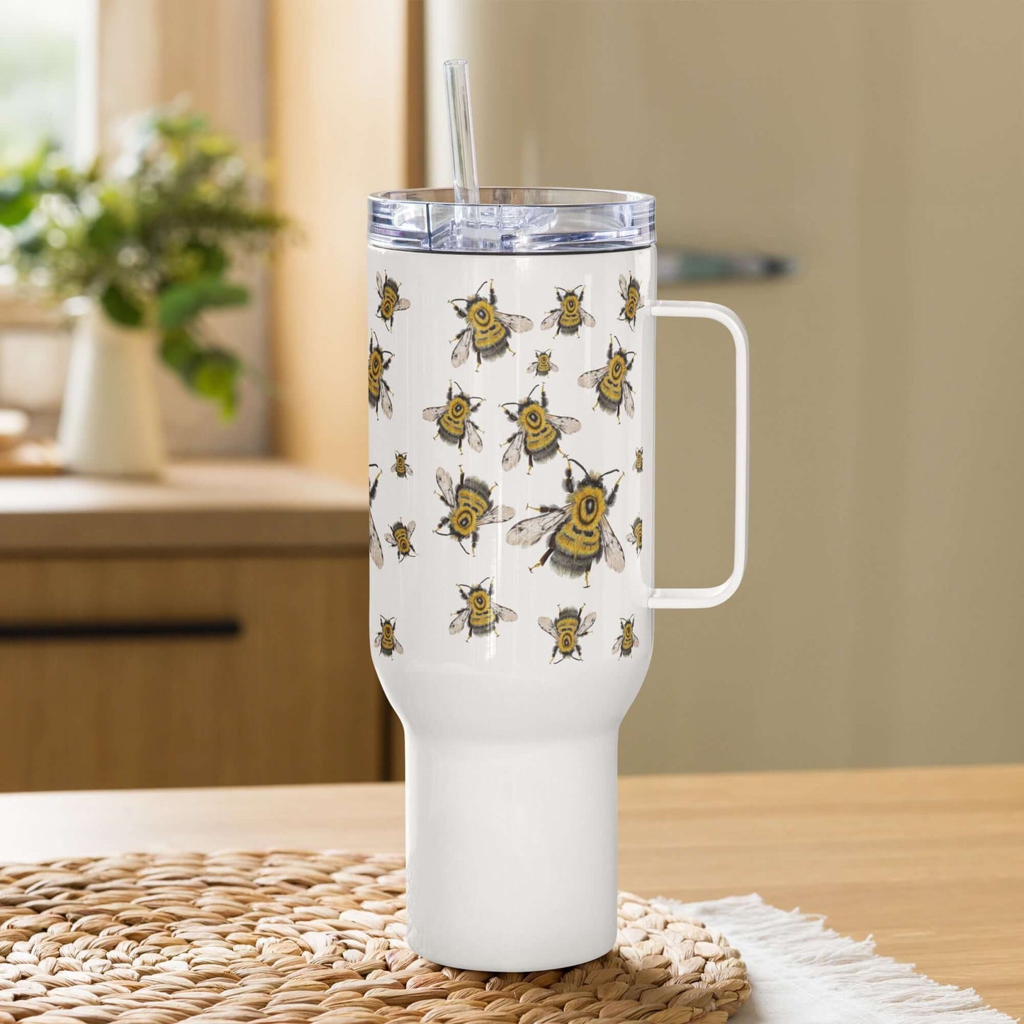 Bumblebee design insulated tumbler with straw and handle, perfect travel mug for coffee and water on the go.