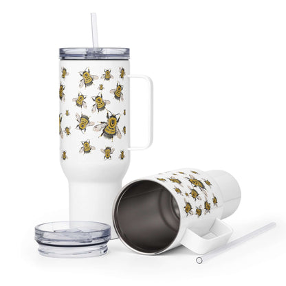 Bumblebee design insulated travel tumbler with handle, straw lid, and stainless steel interior, perfect for on-the-go drinks.