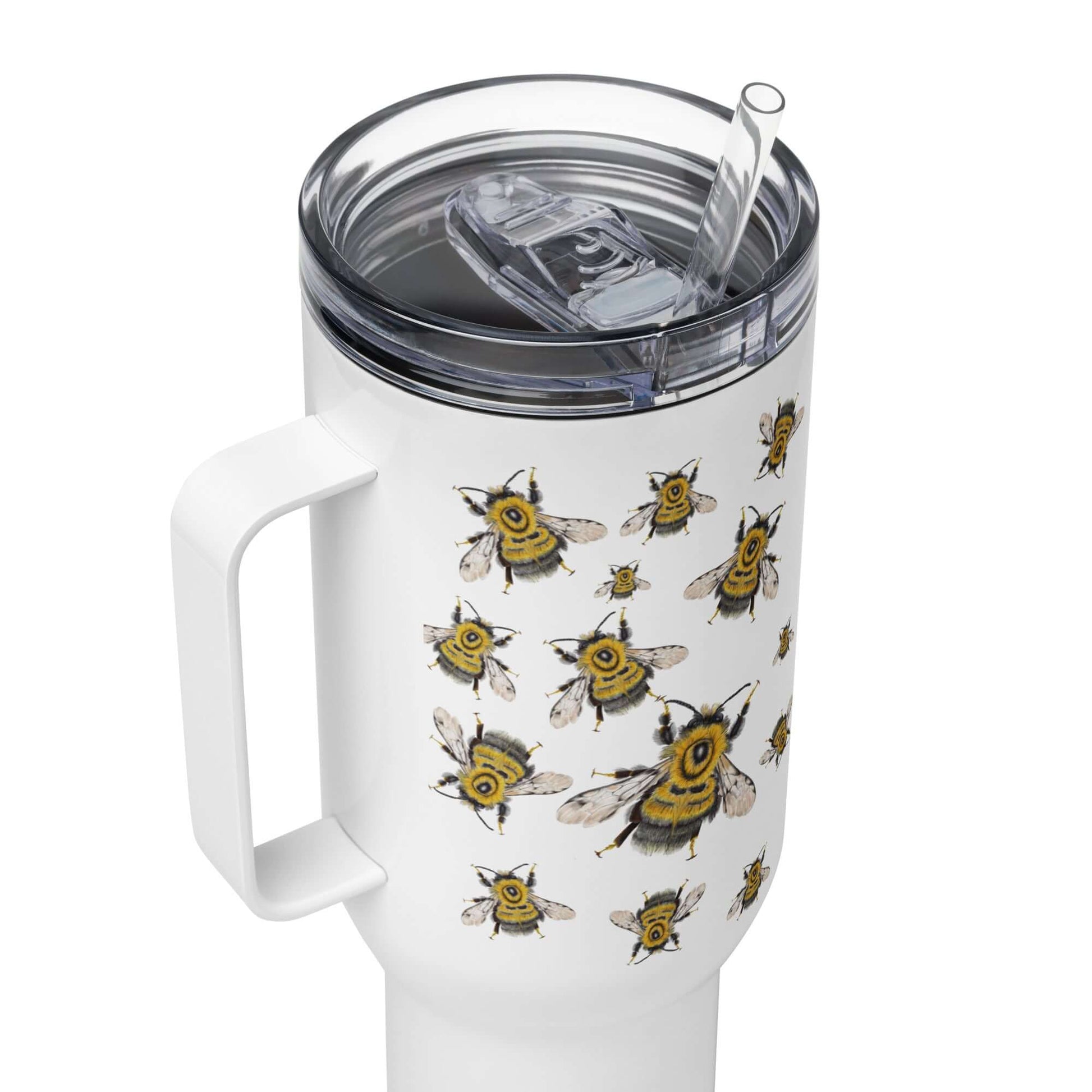 Bumblebee design insulated tumbler with straw lid and handle, perfect for travel mugs and water bottles.