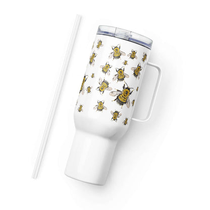 Bumblebee design insulated tumbler with handle and straw, perfect for travel mugs and coffee on the go.