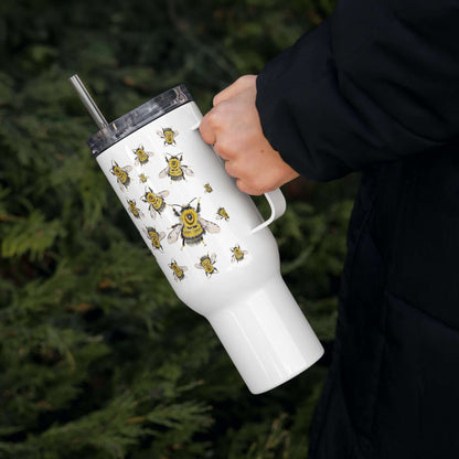 Bumblebee design insulated travel tumbler with handle, perfect for on-the-go hydration and fits car cup holders.