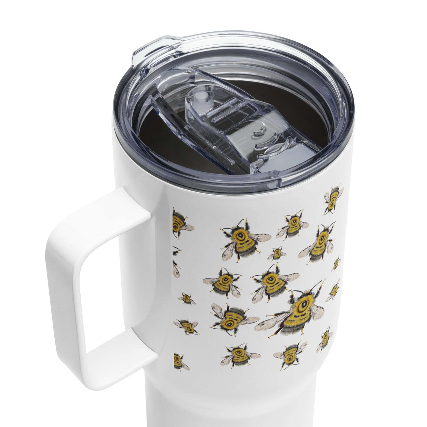 Bumblebee design insulated travel tumbler with handle and straw lid, perfect for on-the-go hydration.