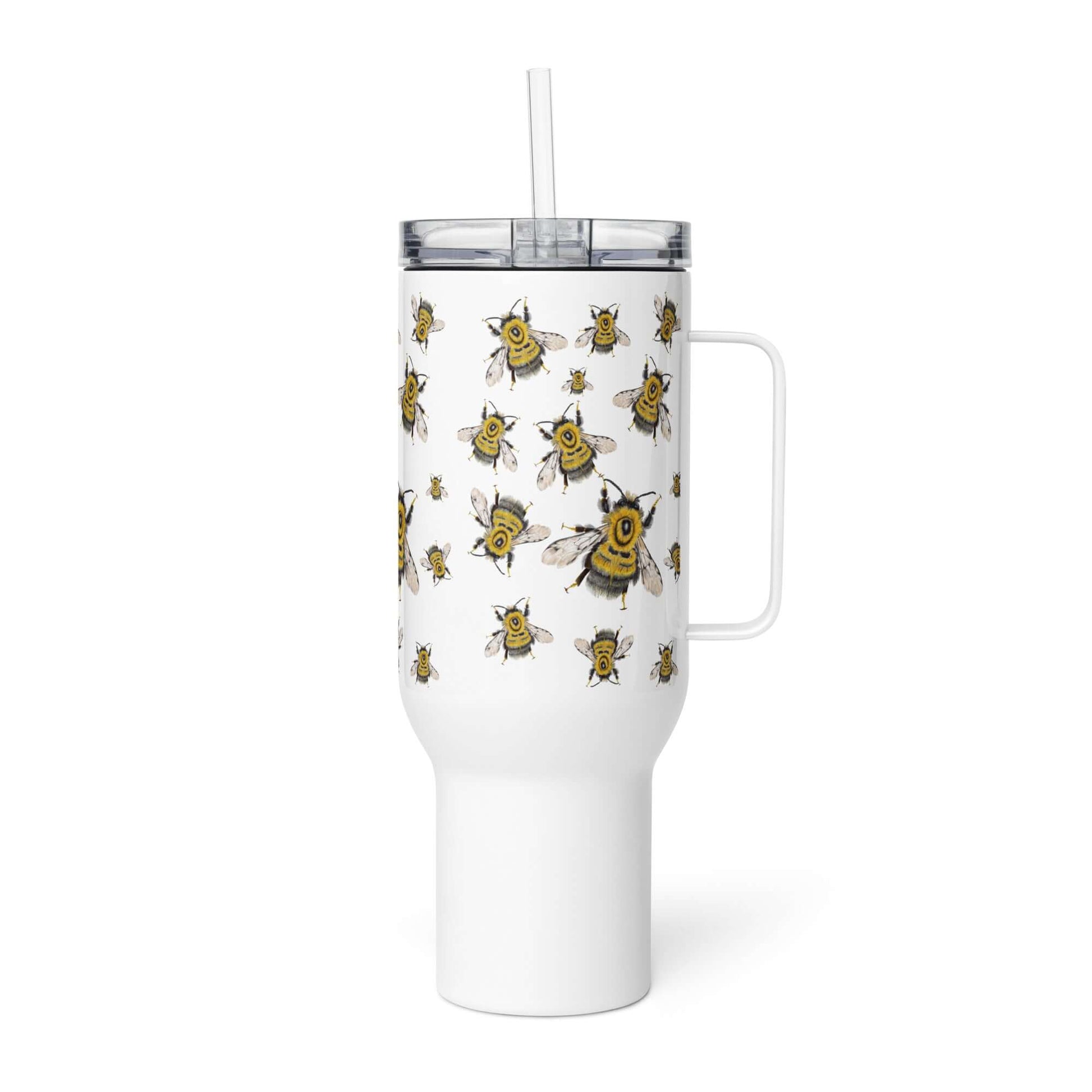 Bumblebee design insulated travel tumbler with handle and straw, perfect for coffee and on-the-go drinks in style.