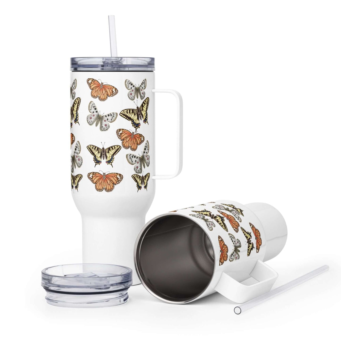 Stainless steel tumbler with butterfly designs, 25oz and 40oz sizes, perfect for travel mugs and coffee tumbler lovers.