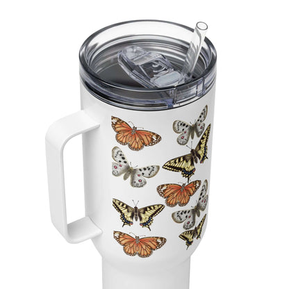 Butterflies design stainless steel tumbler with handle and straw, perfect for coffee or travel drinks.