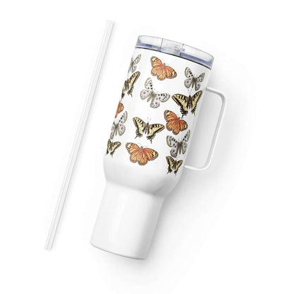 Butterflies design stainless steel tumbler with handle and straw, perfect for travel mugs and coffee tumbler enthusiasts.