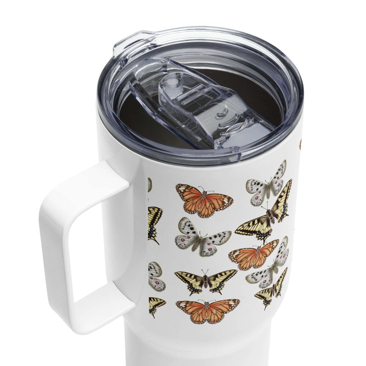 Stainless steel travel tumbler with butterfly design, featuring a clear lid and ergonomic handle for easy sipping.