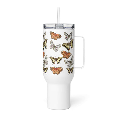 Butterflies design insulated tumbler with straw, featuring Machaon, Apollo, and Monarch butterflies, perfect for travel mugs.