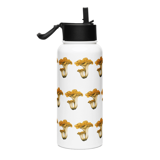 Golden woodland stainless steel water bottle featuring chanterelle mushroom design, perfect for nature lovers and unique gift occasions.