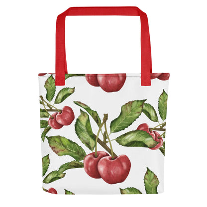 Floral canvas tote bag featuring vibrant red cherries and green leaves, perfect for gifts and everyday use.