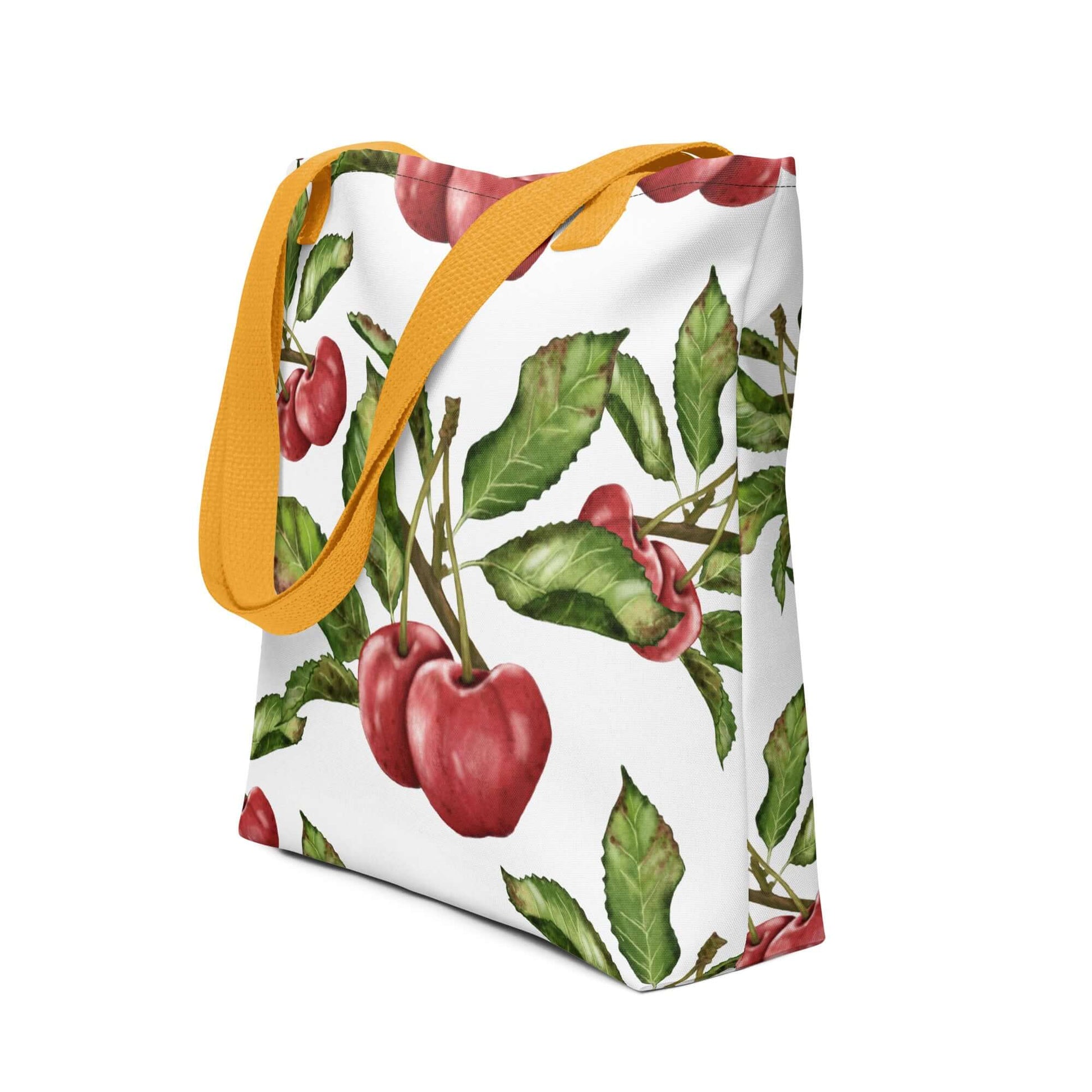 Orchard Bloom Cherry Canvas Tote Bag featuring vibrant cherry blossom design and yellow strap, perfect for gifts and home decor.