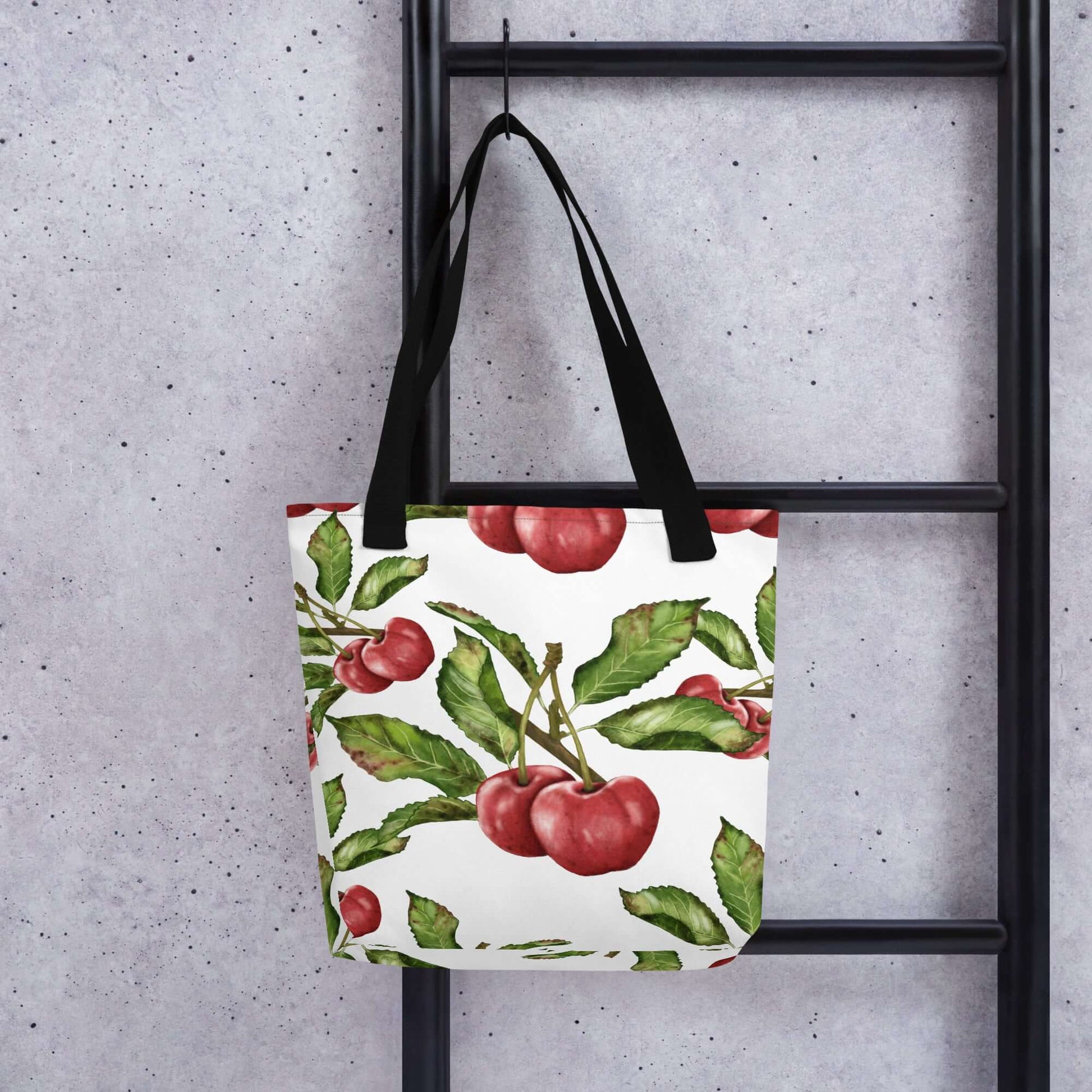 Cherry blossom canvas tote bag showcasing vibrant cherry illustrations on a white background, perfect for gifts.