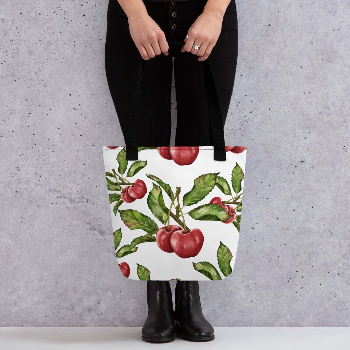 Orchard Bloom Cherry Canvas Tote bag featuring vibrant cherry blossom design, ideal as a gift for her or home decor.