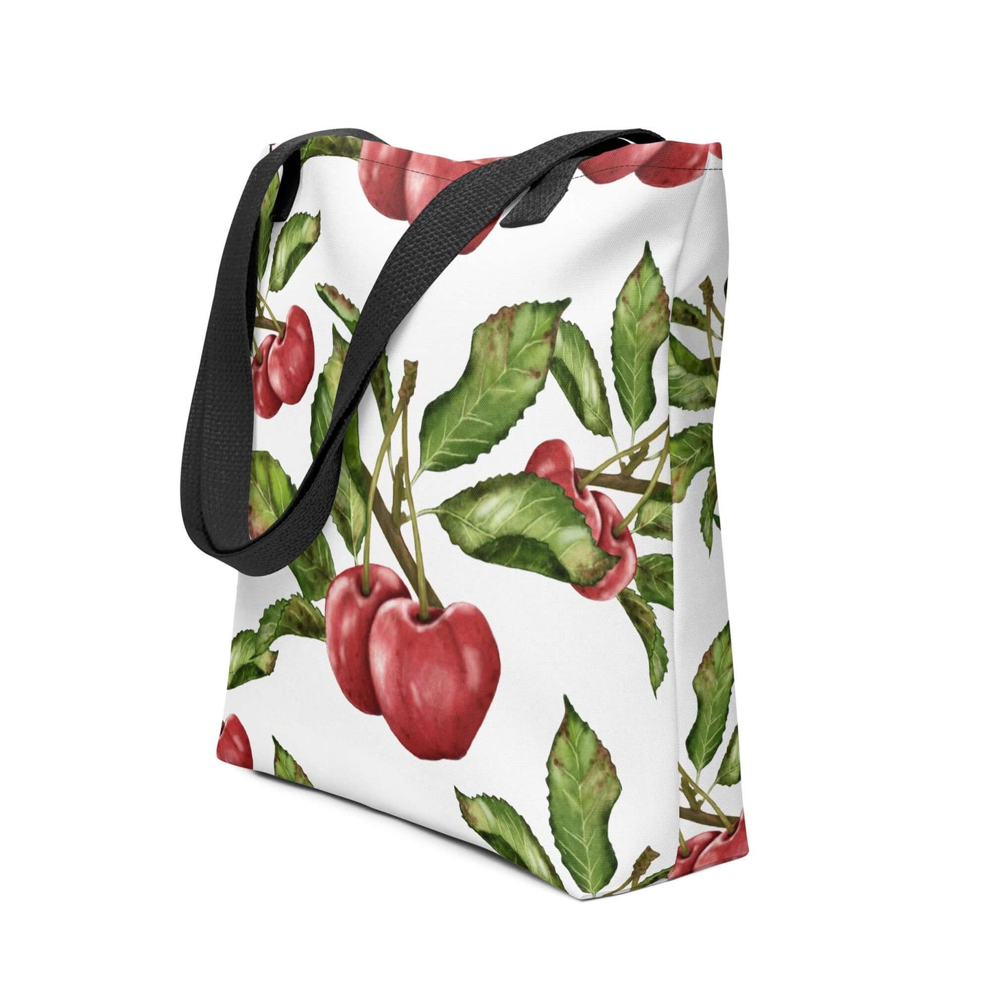 Floral canvas tote bag featuring vibrant red apples and green leaves, perfect for daily use and gifting.