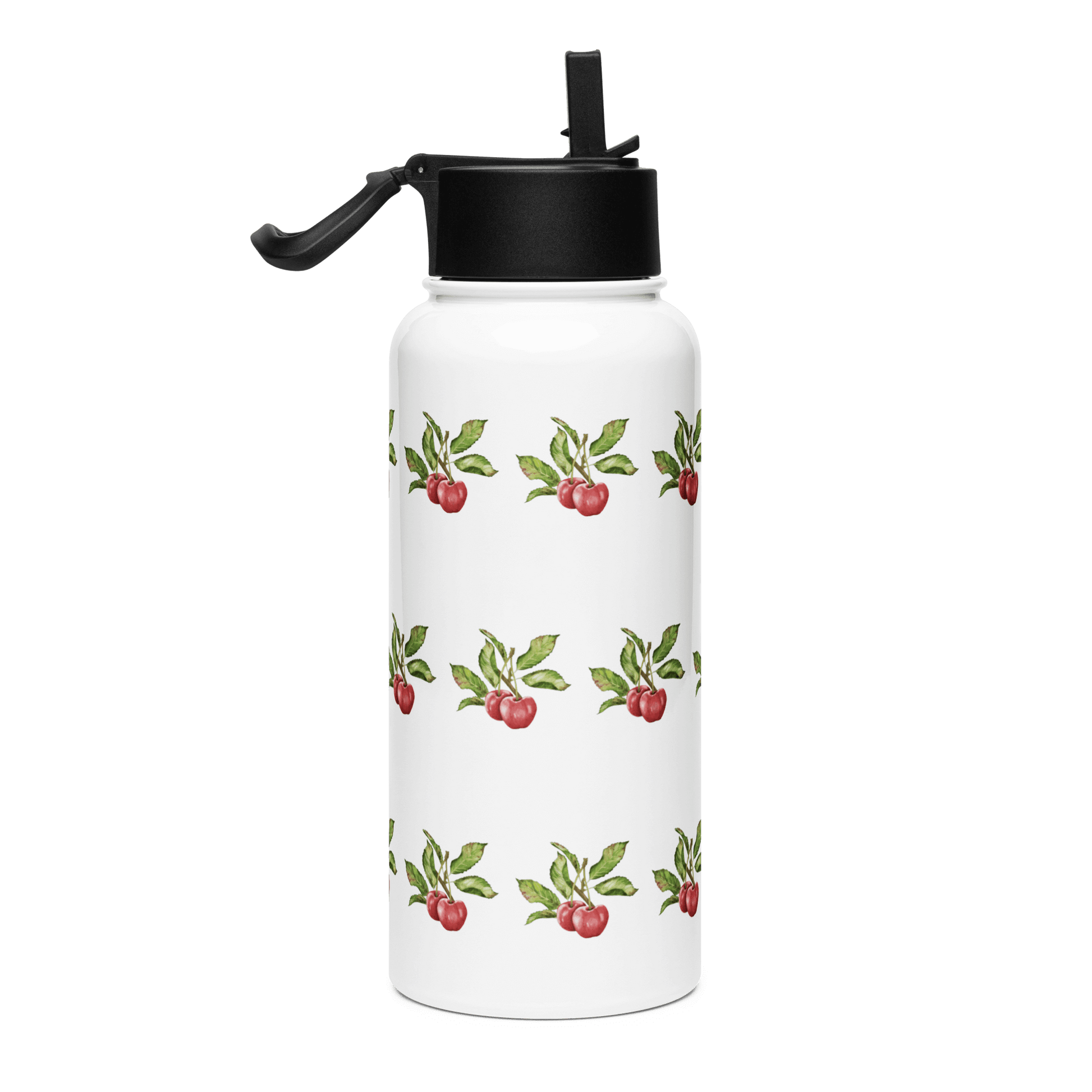 Insulated stainless steel water bottle featuring a cherry pattern, ideal for gifts, travel, and outdoor hydration.