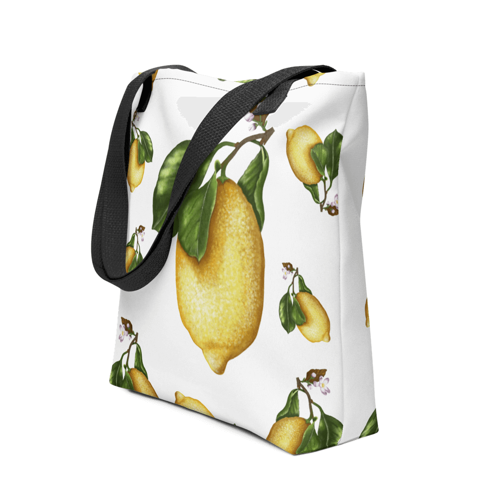 Lemon all-over print tote bag with black handles image showing the full design
