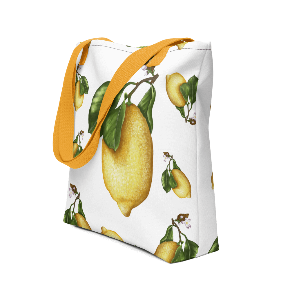 Lemon all-over print tote bag - Focusing on the yellow handle
