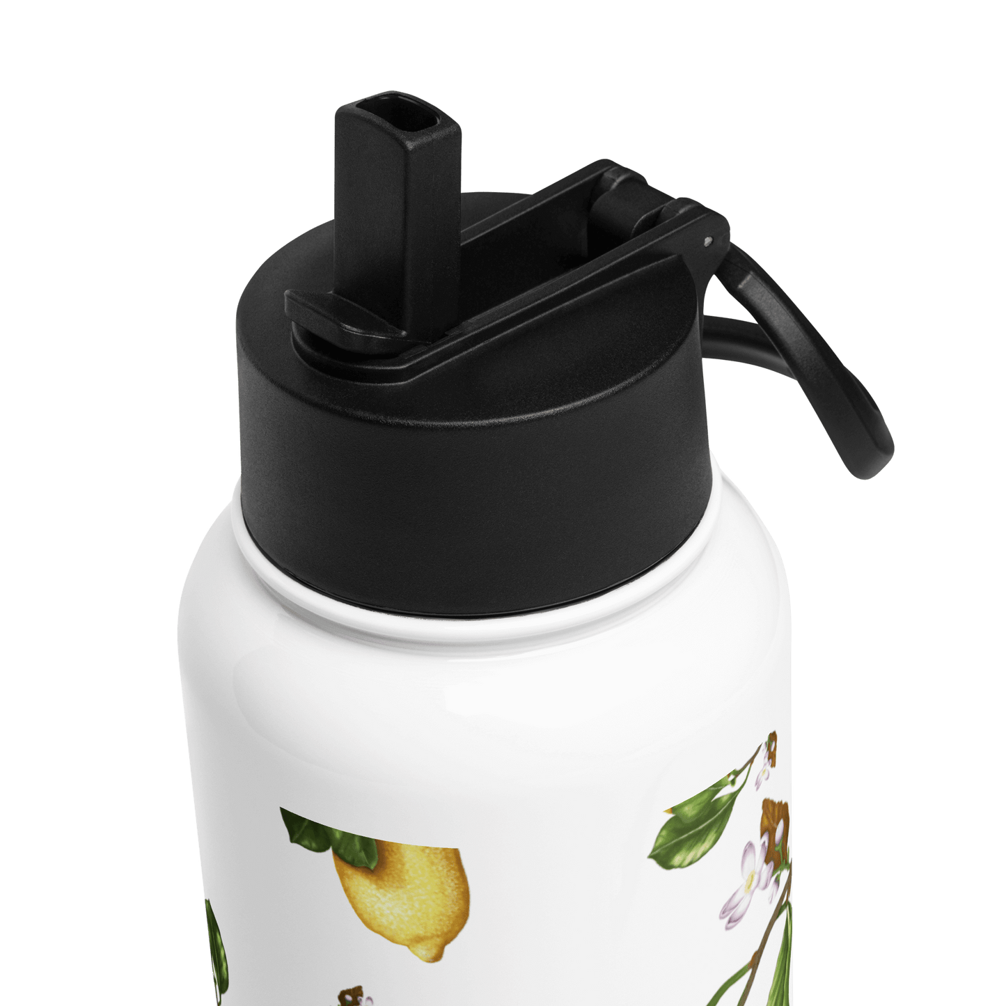 Close-up of the black lid on a personalized lemon water bottle, showcasing its modern design and usability.