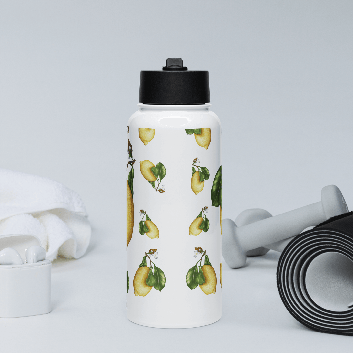 Personalized lemon water bottle with vibrant citrus design, perfect summer gift for health enthusiasts and friends.