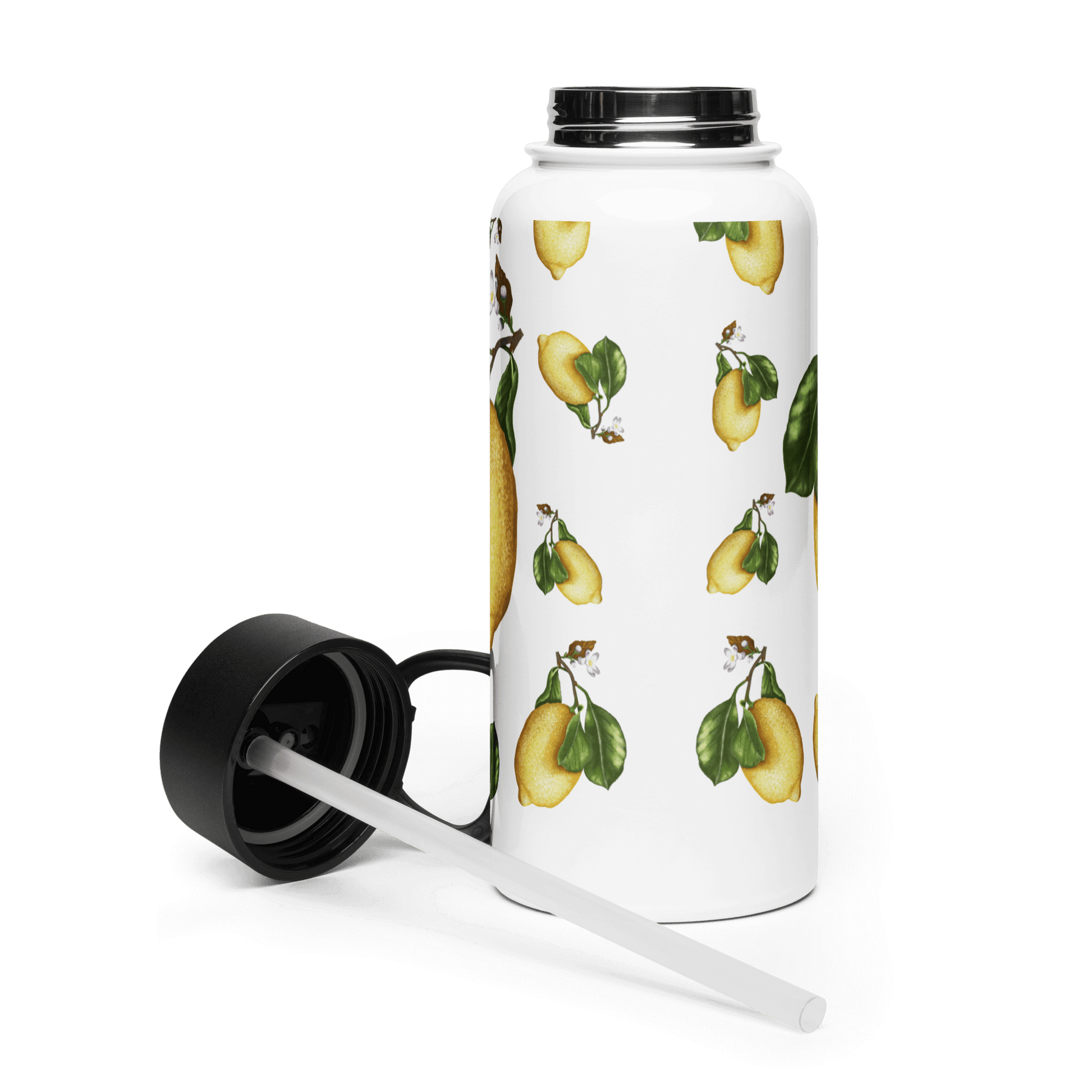 Zesty lemon water bottle featuring vibrant lemon slices and green leaves, perfect for summer gifts and travel accessories.