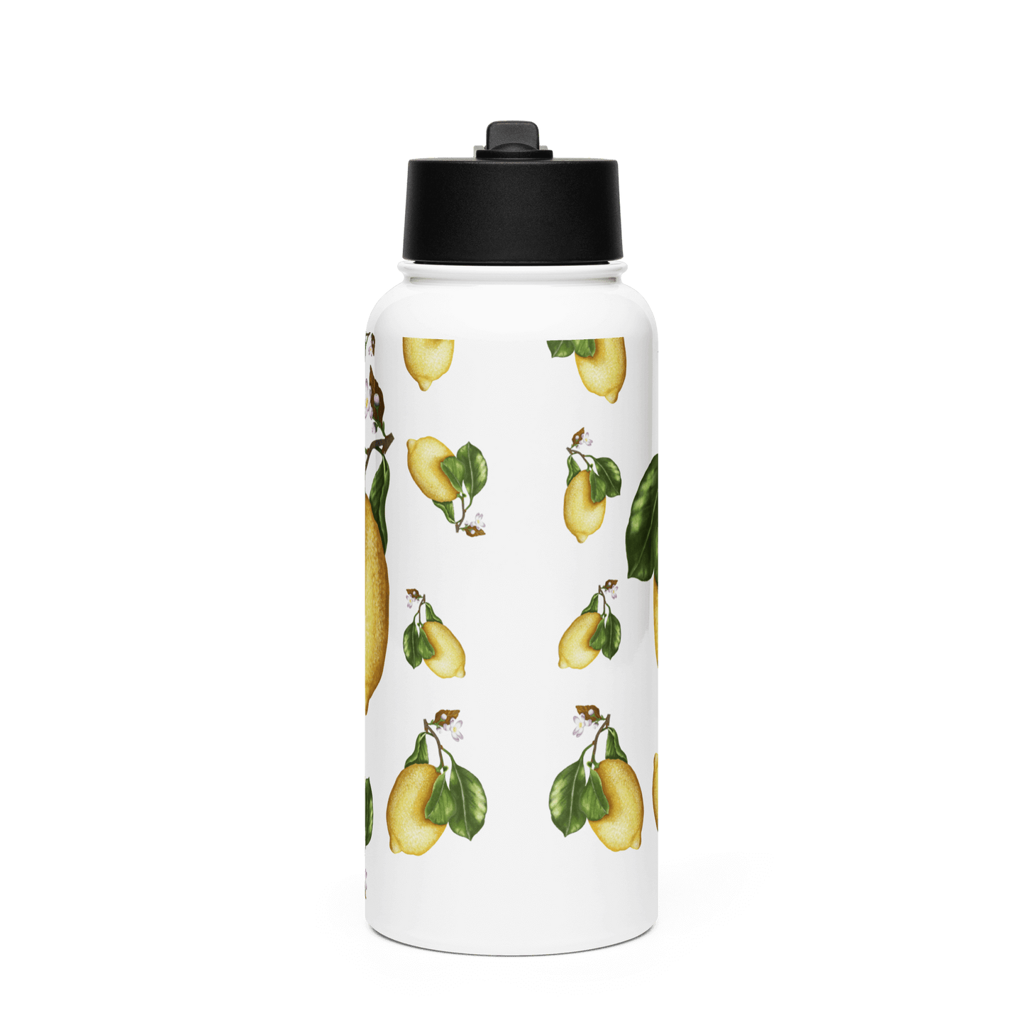 Personalized 32oz water bottle featuring vibrant lemon slices and green leaves for a cheerful summer aesthetic.