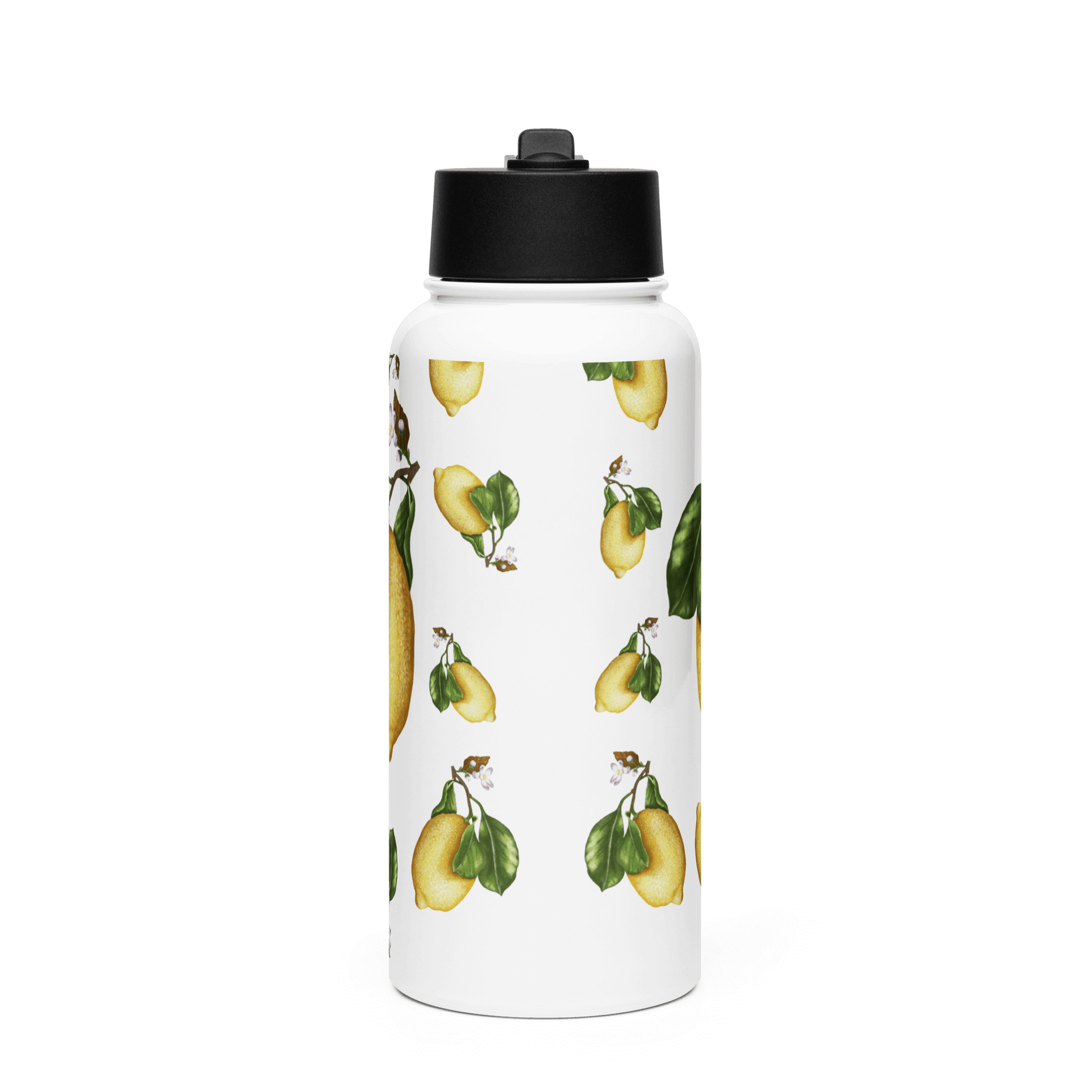 Personalized 32oz water bottle featuring vibrant lemon slices and green leaves for a cheerful summer aesthetic.