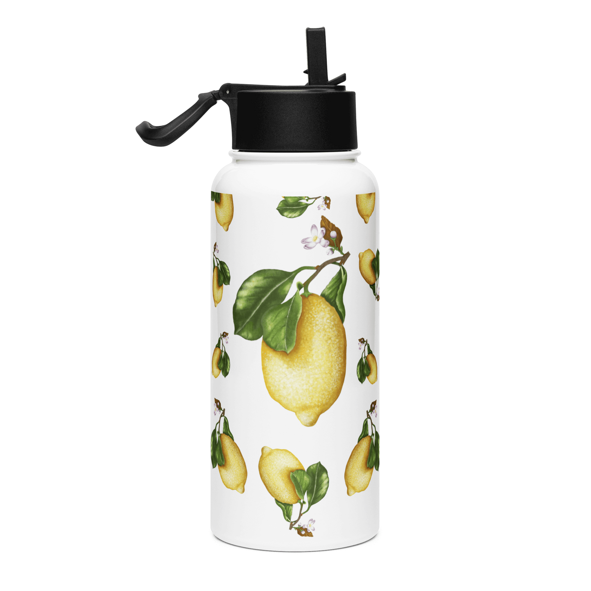 Vibrant lemon water bottle with photorealistic lemon slices and green leaves, perfect summer gift for any occasion.