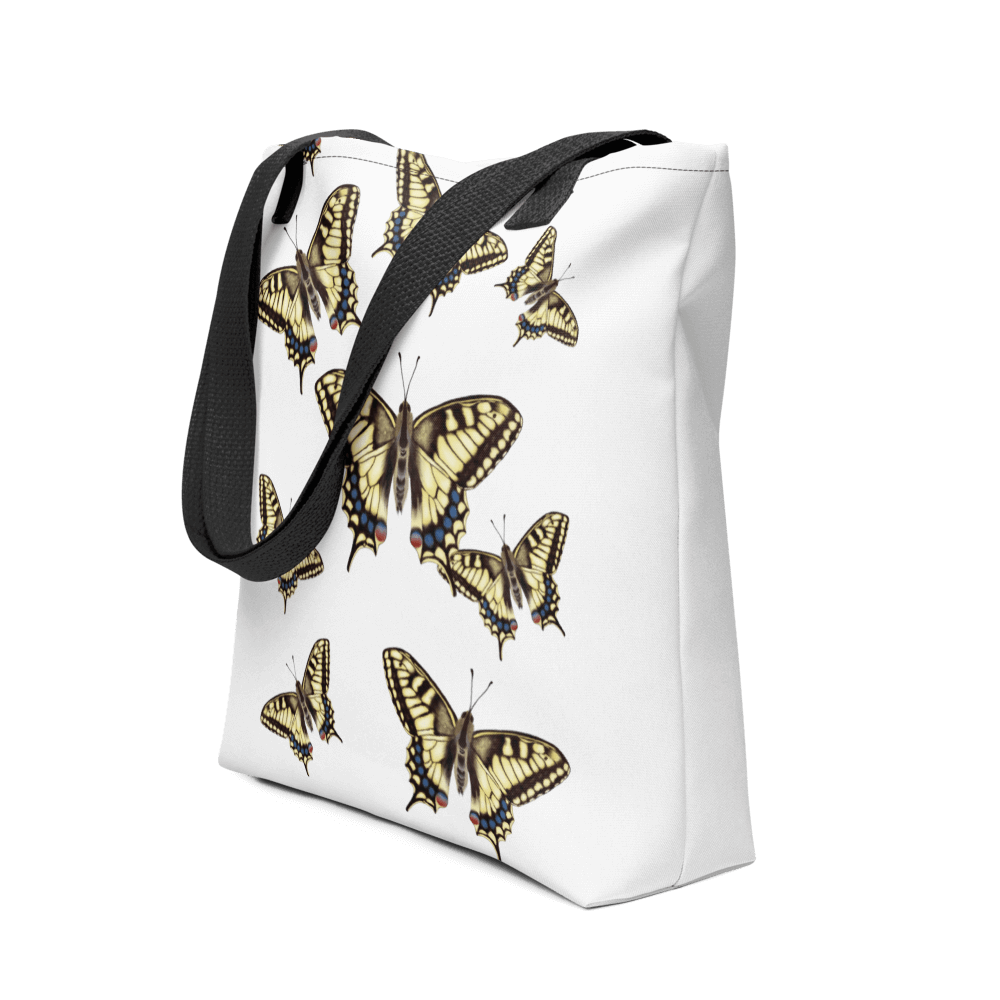 Machaon all-over print tote bag with black handles image showing the full design
