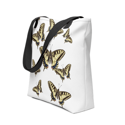 Machaon all-over print tote bag with black handles image showing the full design
